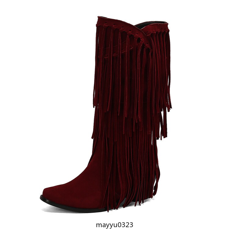 Womens Tassel Fringe Mid Calf Boots Mid Block Heel Western Cowgirl Shoes Hot