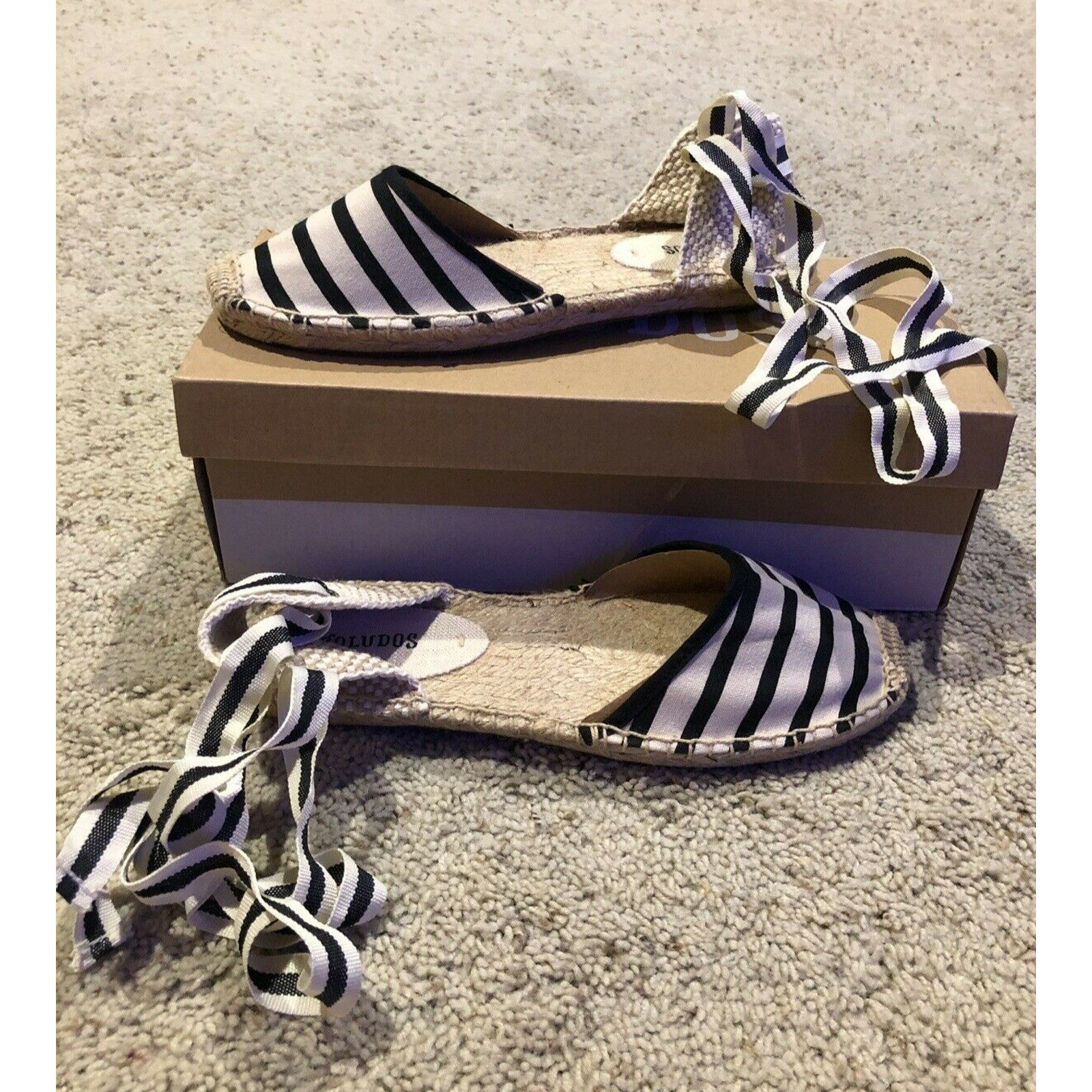 NEW SOLUDOS sz 6.5 Striped Ankle Tie Espadrille Sandals Natural/Black stripe Z22