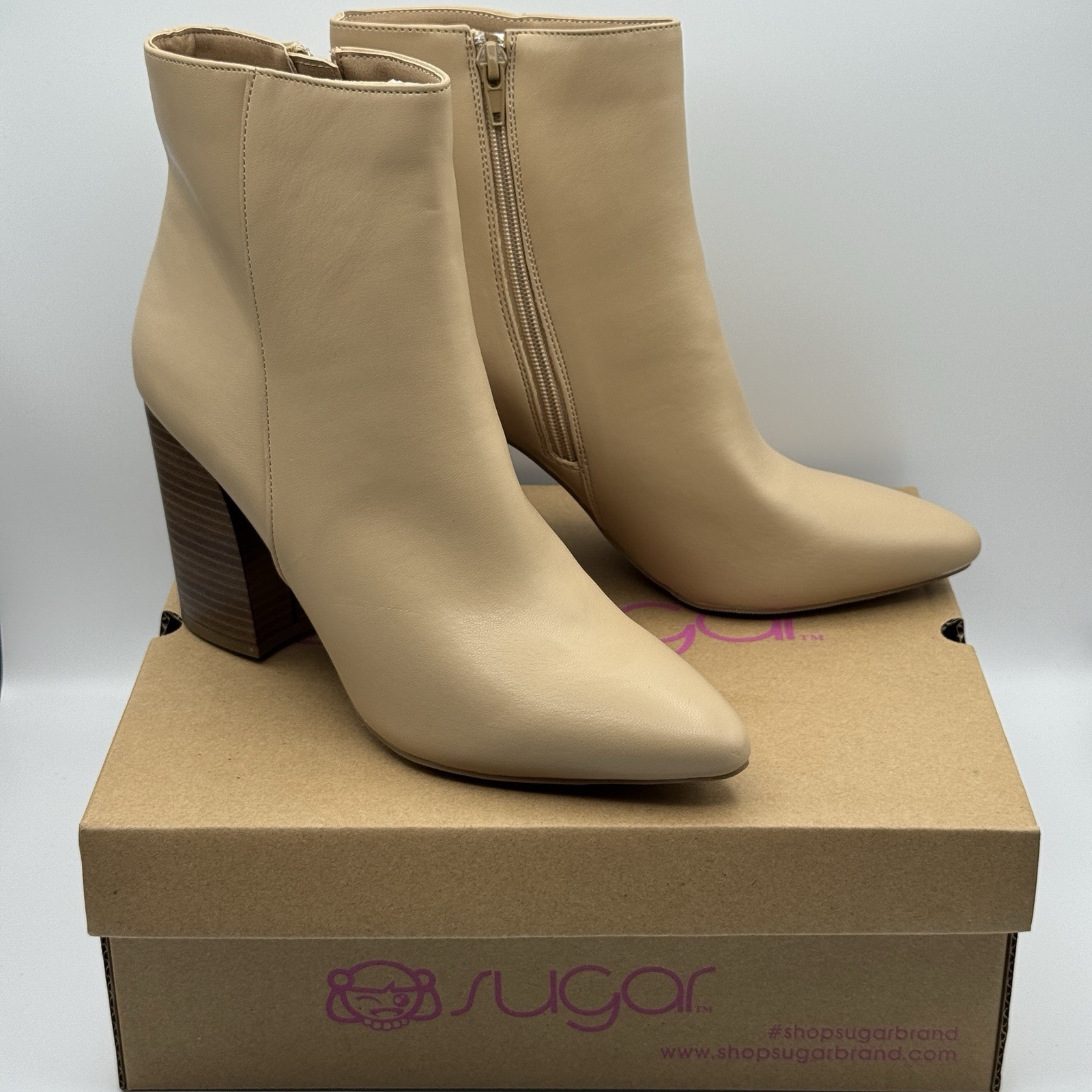Sugar Evvie Tan Smooth Block Heel Ankle Boots Women’s 9M Zip Booties