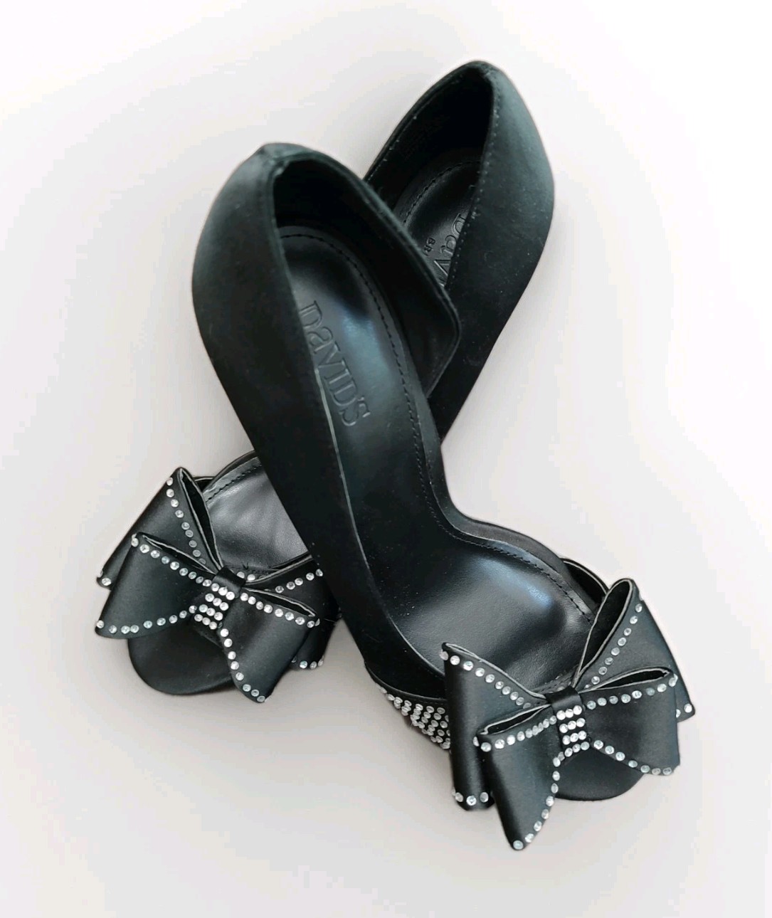 David’s Bridal Izzie Black Satin Peep-toe heels Rhinestone-emb Bow D’Orsay Style