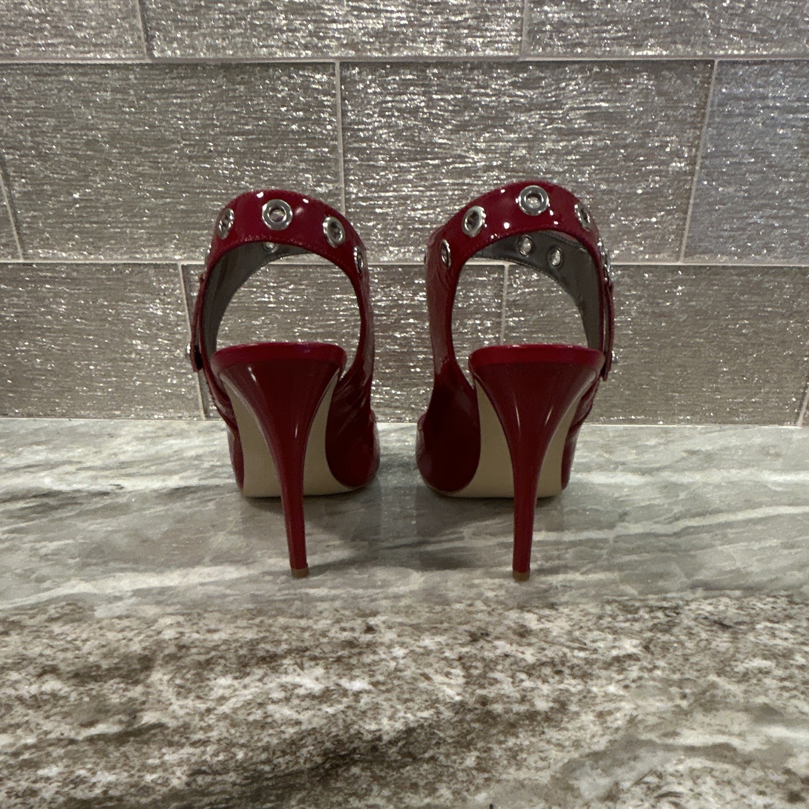 GUESS Red Patent Leather Studded Strappy Open Toe Zip Stiletto Heels 9 M