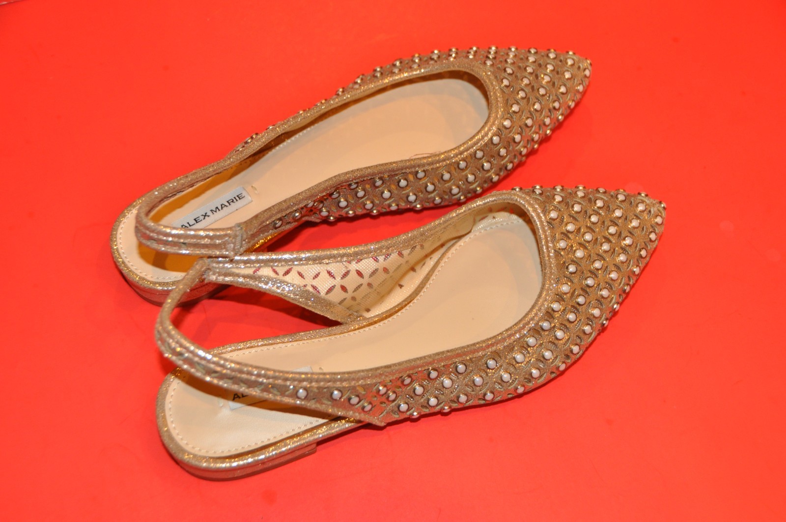 NWOT Alex Marie Labella Sling Back Flats Gold Metallic Pearl Studded size:6.5