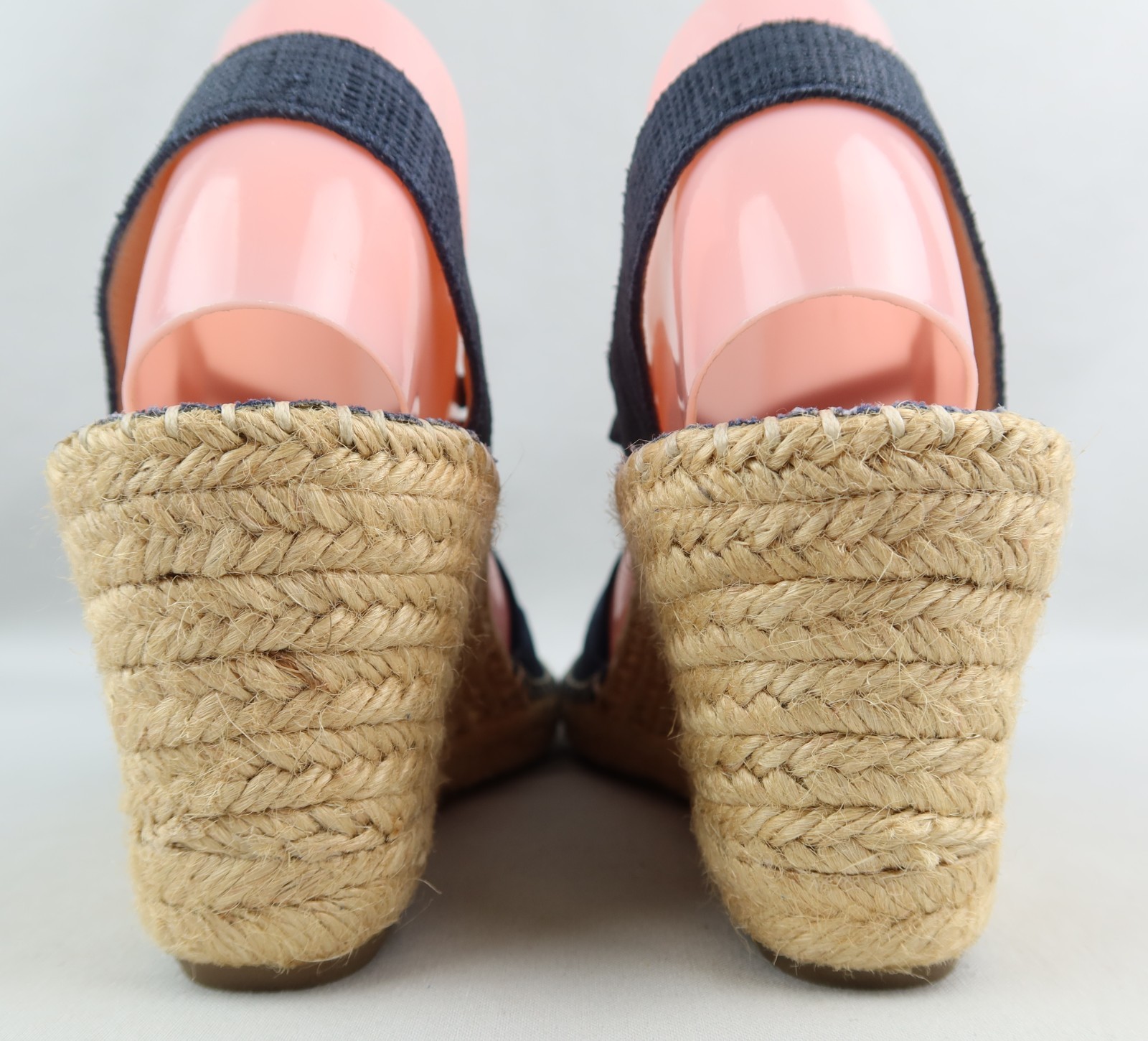 ABEO Delano Espadrille Wedge Peep Toe Sandal Sz 9 Neutral Navy Blue