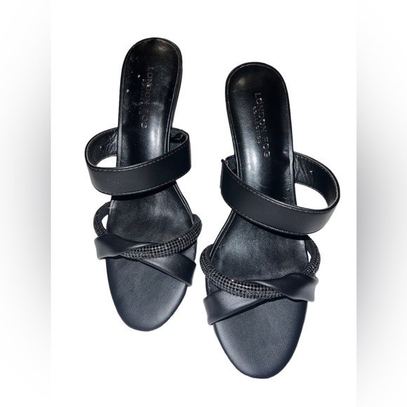 London Fog Dapper Wedge Sandals Black Double Strap Rhinestone 7 Dressy/Wedding
