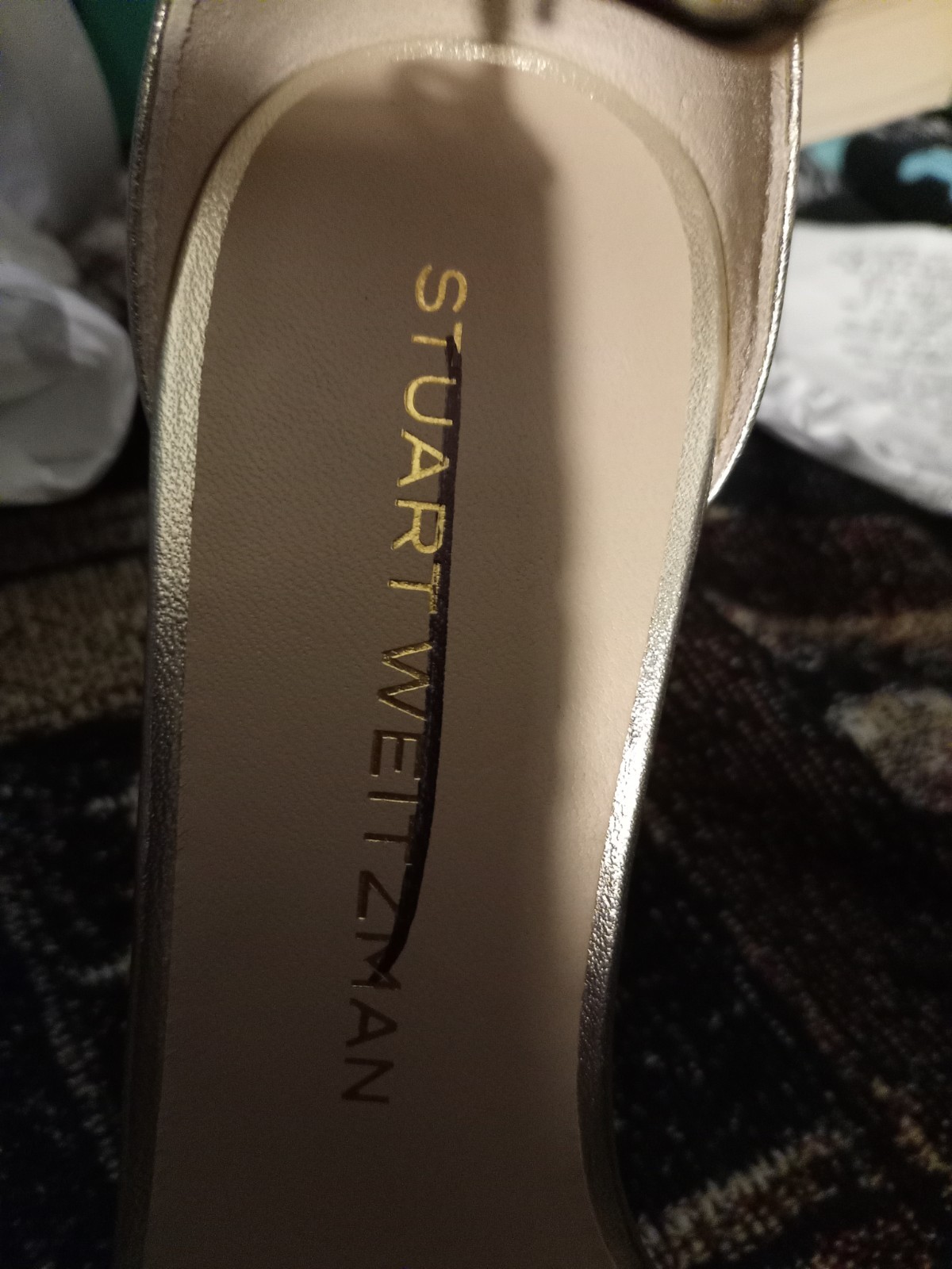 Stuart Weitzman Gold Leather Strappy Open Toe Ankle Strap Buckle Heel 7