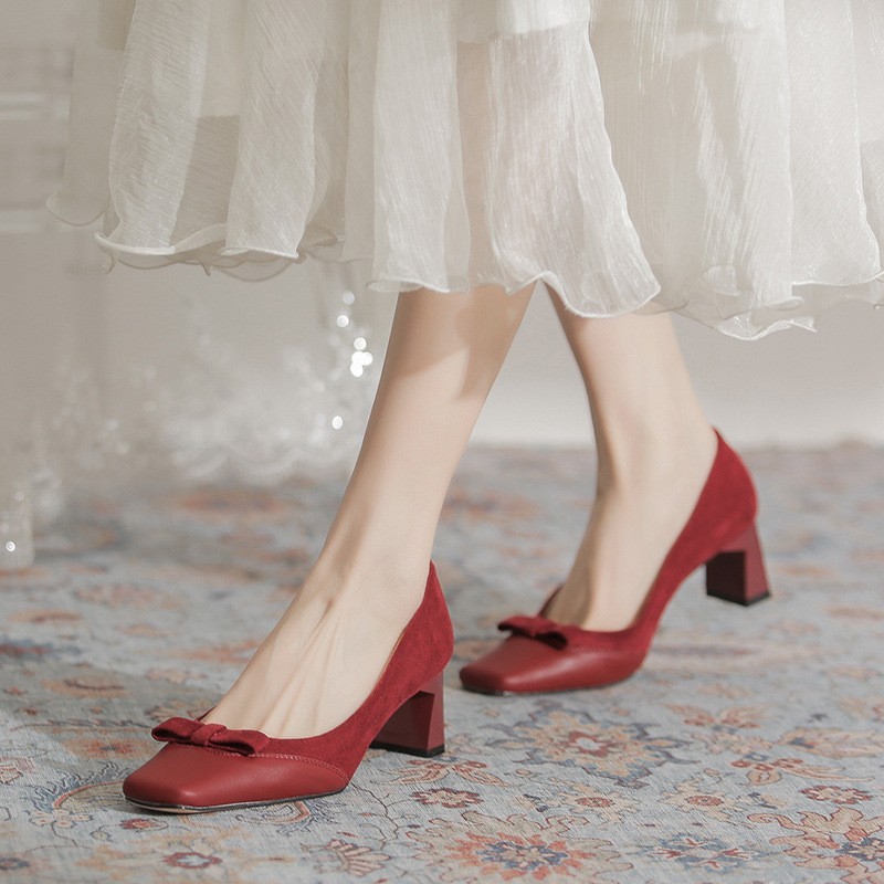 Wedding Shoes Women Square Toe High Heels Bridal Shoes Red Festive Sandals