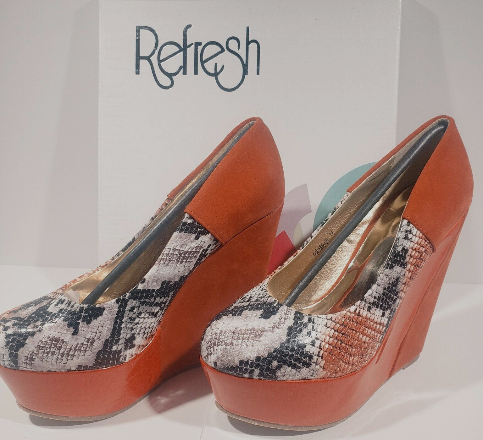 womens Beston Prima 05 Platform Wedge 7.5 Orange w/Snakeskin ,REFRESH