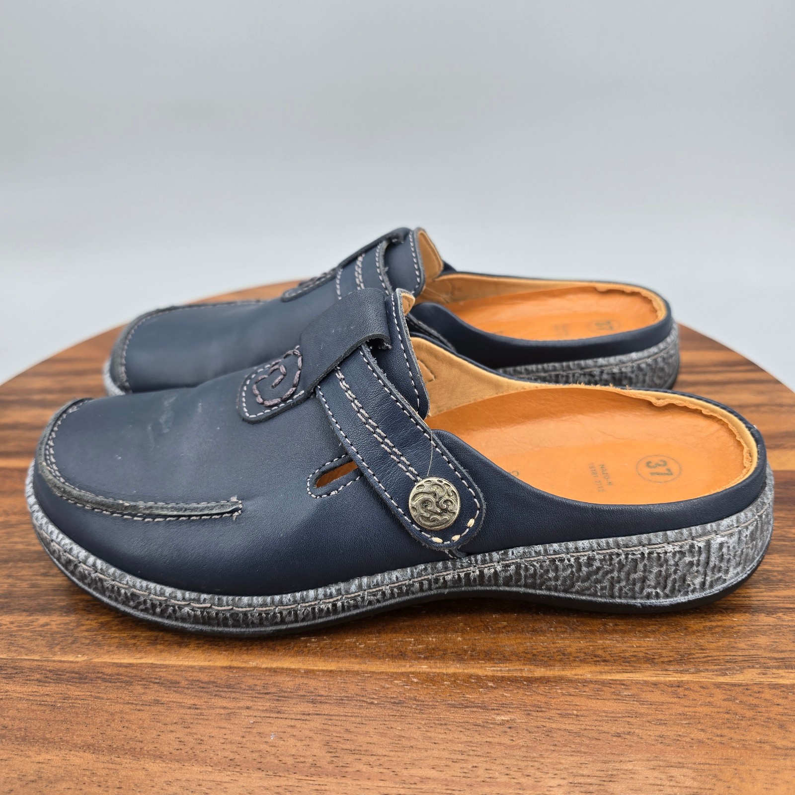 Spring Step Shoes Womens 6.5 37 Navy Blue Leather Slip On Comfort Mules Clogs