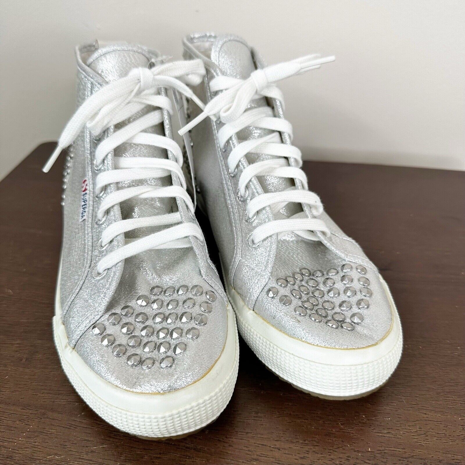 NEW Superga Sneakers Unisex Adults Silver Studded High Top Lace Up Shoes