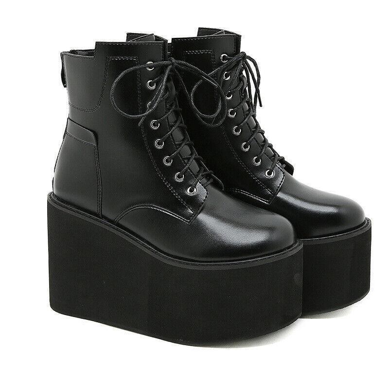 Womens Casual Punk Ankle Boots High Wedge Heel Platform Leather Shoes Thick Sole
