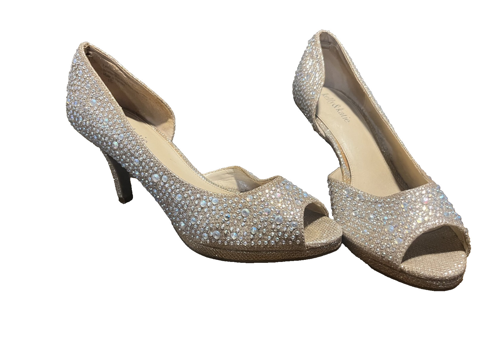 open toe heels size 8.5 womens champagne sparkly low heel glamourous