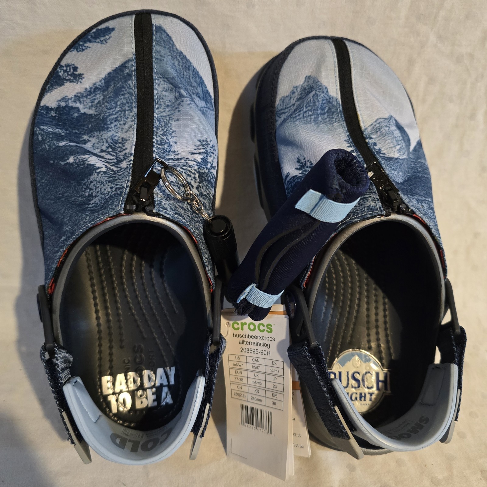Busch Light Crocs All Terrain Clogs NWT Women’s 7 Men’s 5 Mountain Print…