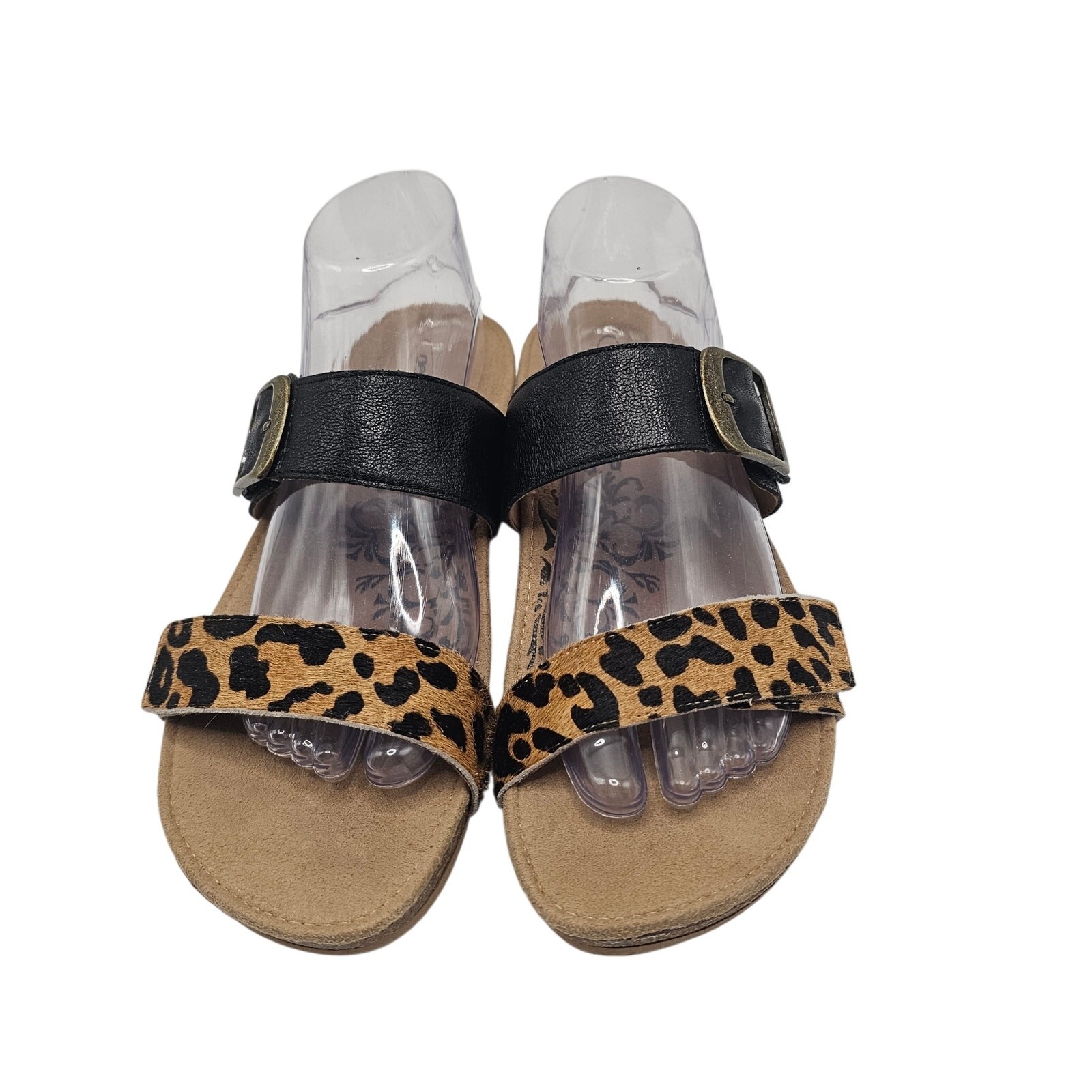 Aetrex Daisy Adjustable Slide Leopard Print Leather Orthotic Sandals W10 / EU41