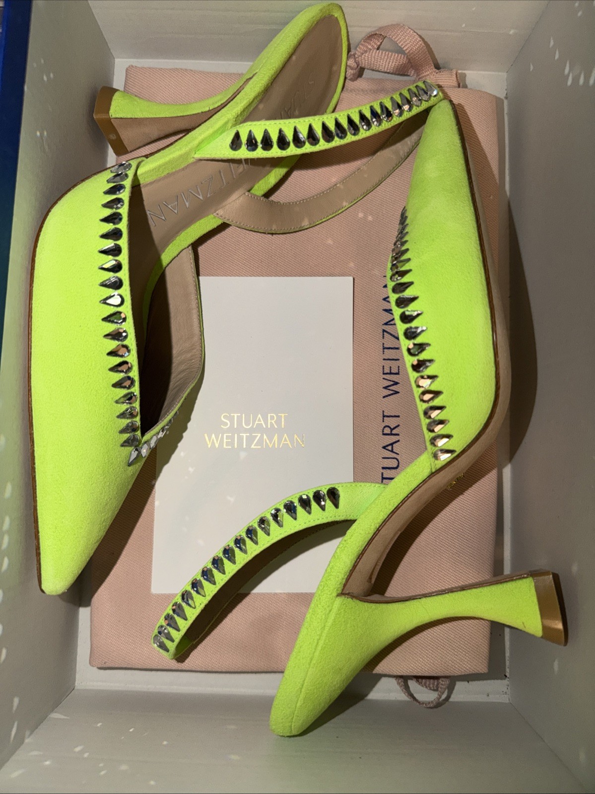Stuart Weitzman GEMCUT XCURVE 100SLINGBACK Neon Green Suede Swarovski Crystal 6B