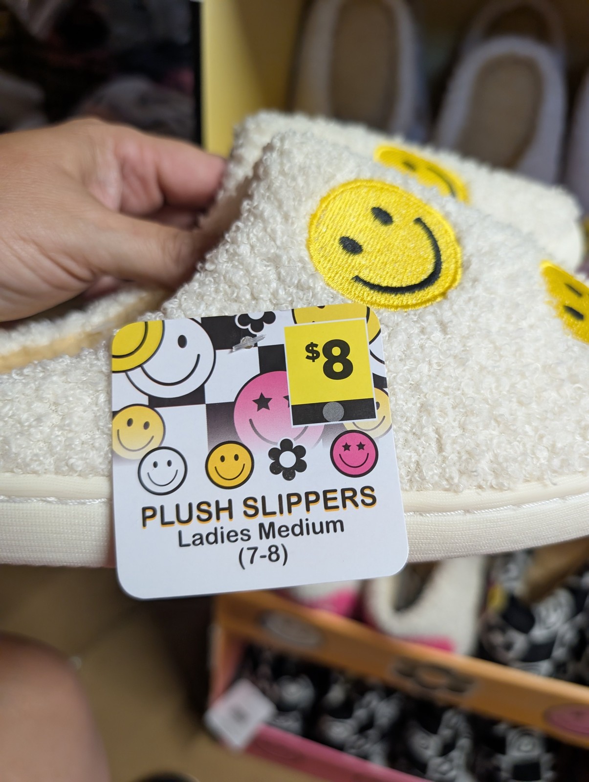 Plush Ladies Slippers Medium 7-8 Smiley Face Design