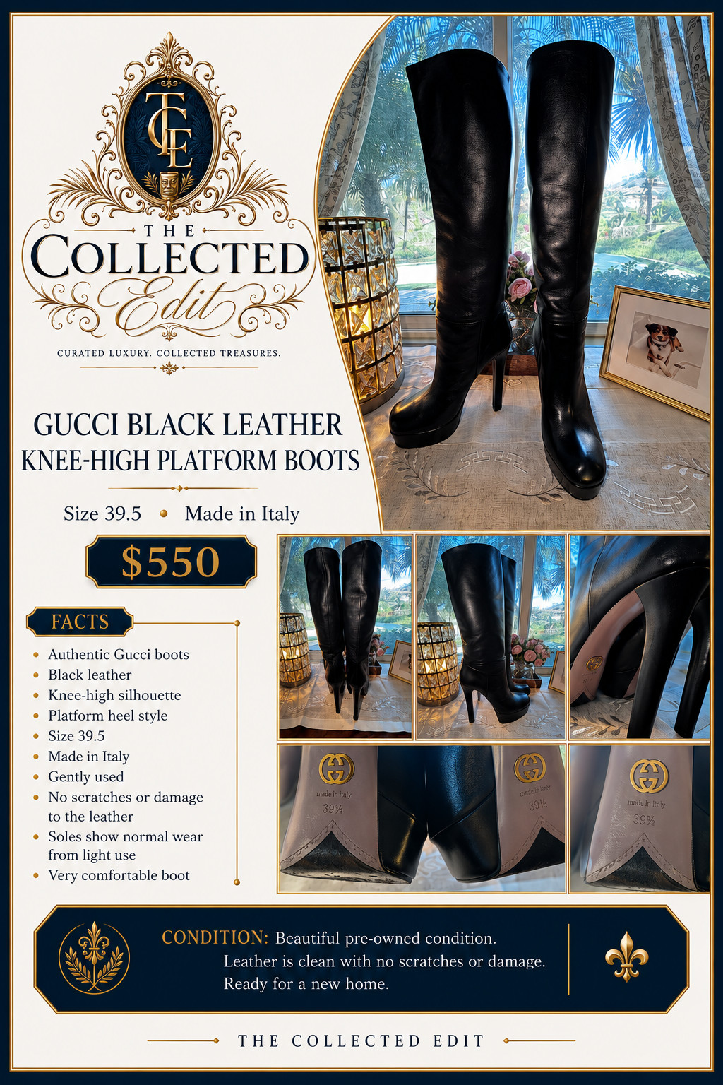 Authentic Gucci Black Leather Knee High Platform Boots Size 39.5 Italy High Heel