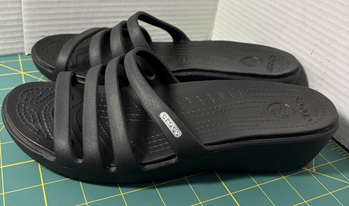 Crocs Womens size 10 Rhonda Wedge Sandals Slip-On Strappy Slides Open Toe Black