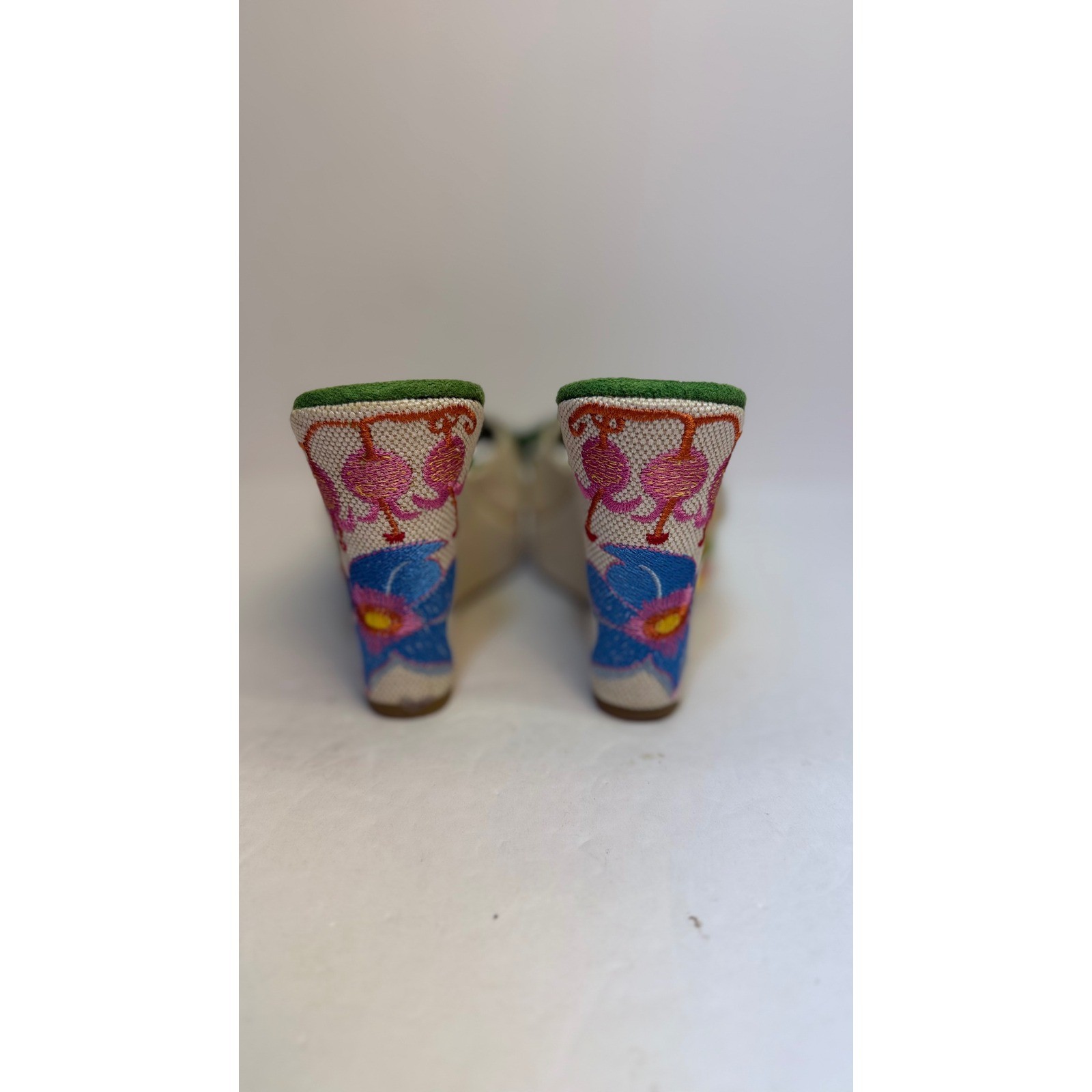 Bongo Vintage Floral Embroidered Wedge Sandals Green Canvas Bow Slides Size 7