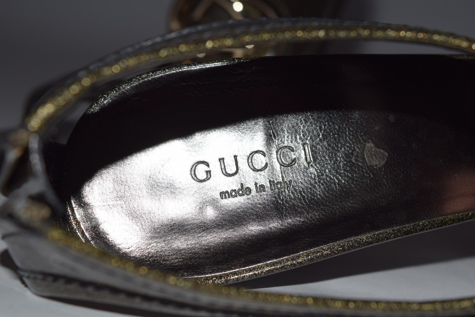 Vintage Gucci Glitter Logo Double G’s Leather Heels sz 38.5/8.5 Anthracite Black