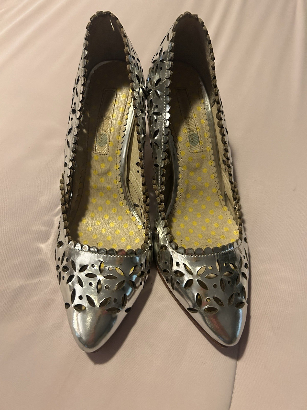 Boden Women’s Silver Leather Cut-Out Scalloped Pointed Toe Slip-On Pumps US 6