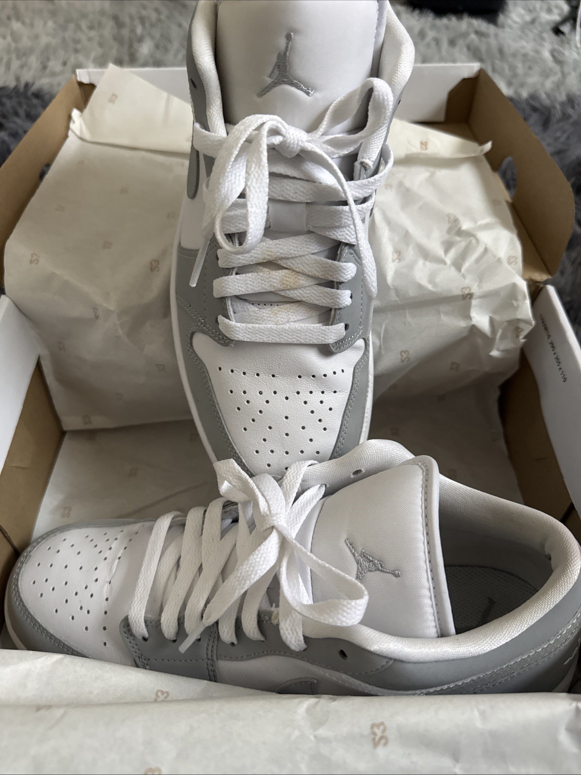 Size 9.5 – Jordan 1 Low White Wolf Grey W