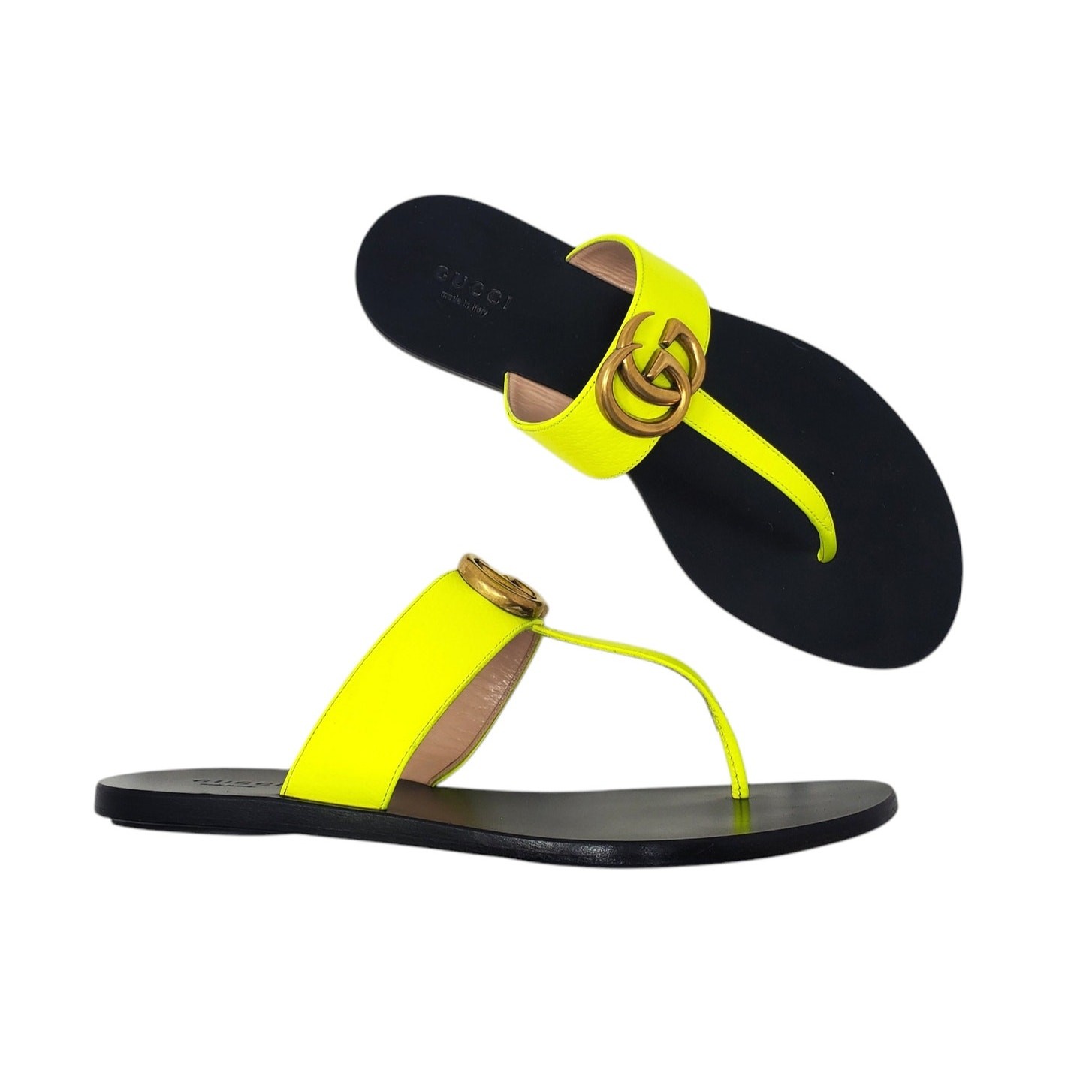 Gucci Marmont GG Sandal Thong Flat With Double G In Yellow Fluo Leather Size 37