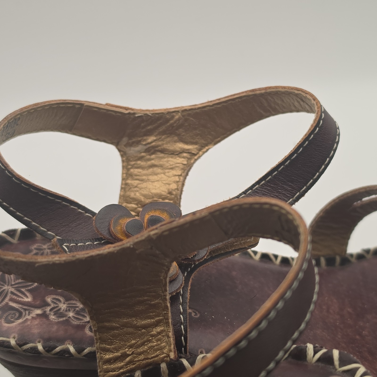 L’Artiste by Spring Step Lilith-BR Brown Leather Floral Wedge Sandals Women’s 39