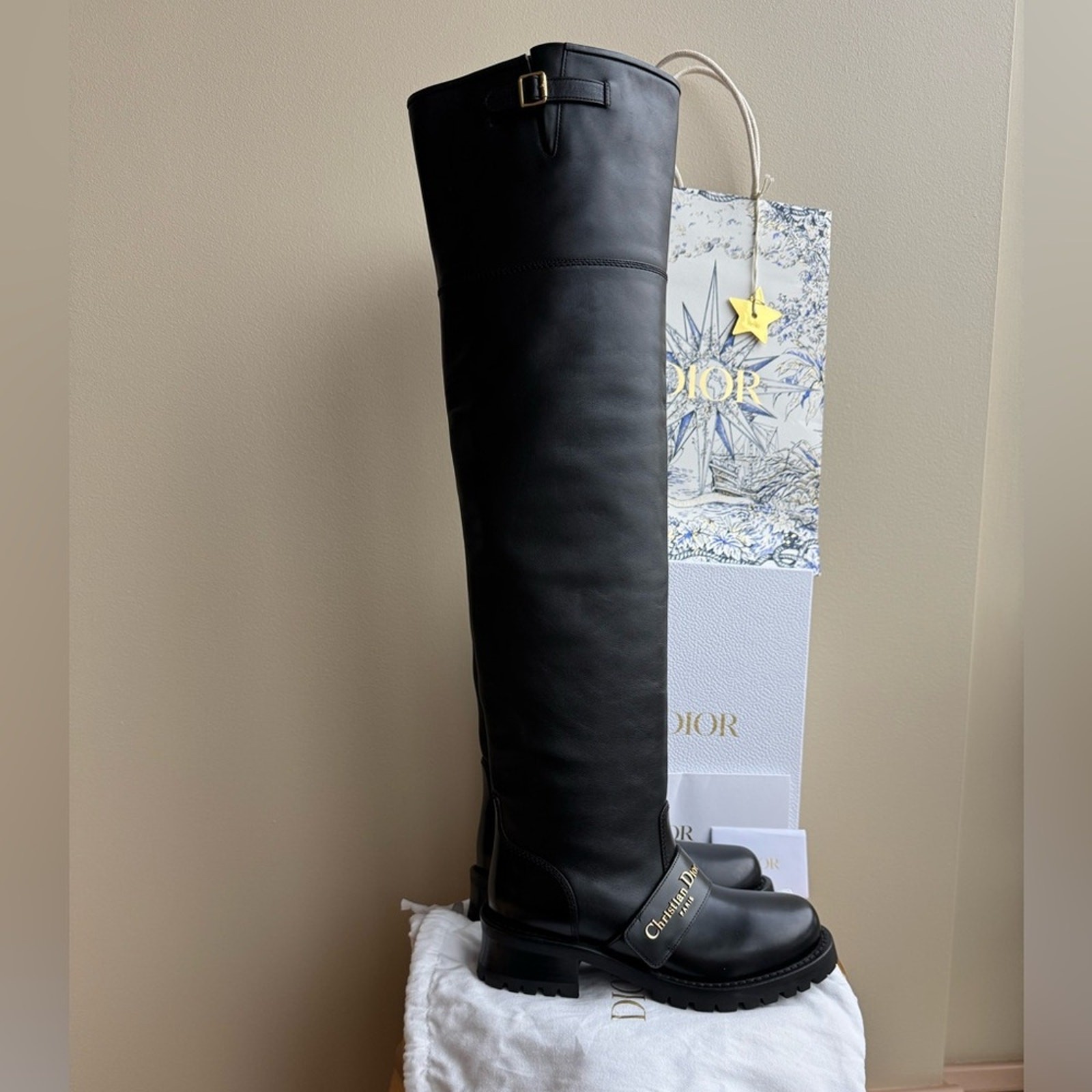 NWT Christian Dior D-Quest Thigh Black Leather Boots, size 37 (US 6-6.5)