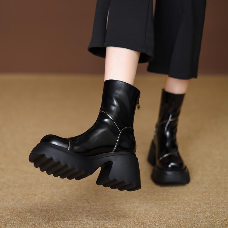 Women’s Fashion Leather Youth Solid Color Leisure Shiny Square Toe Ankle Boots