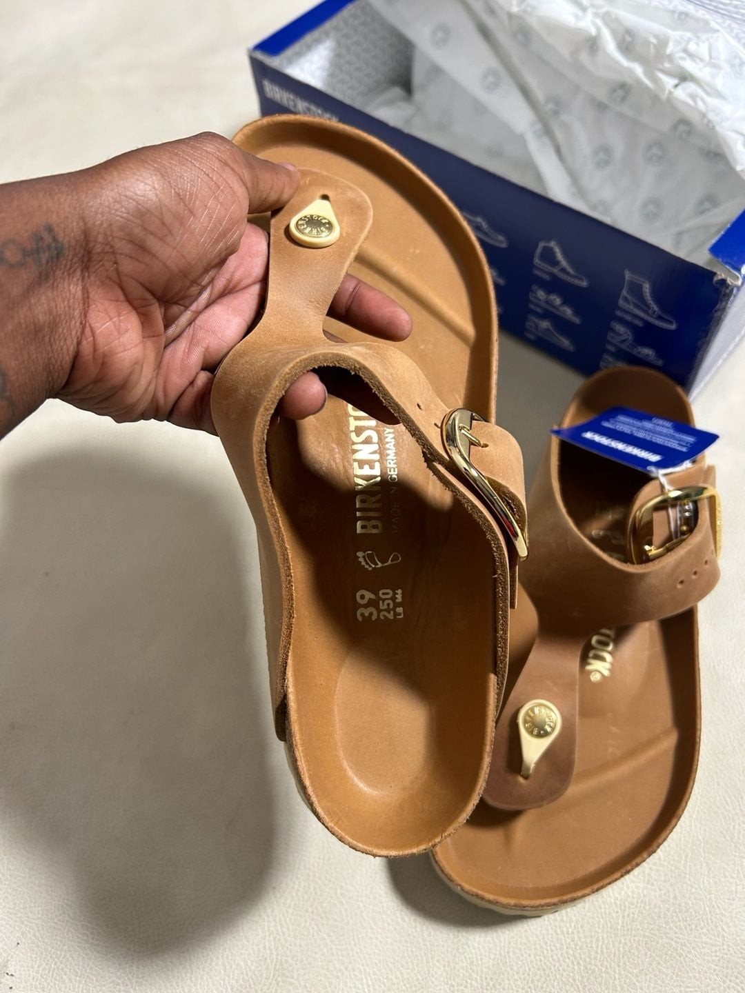Birkenstock Gizeh Big Buckle Oiled Leather Sandals in Cognac