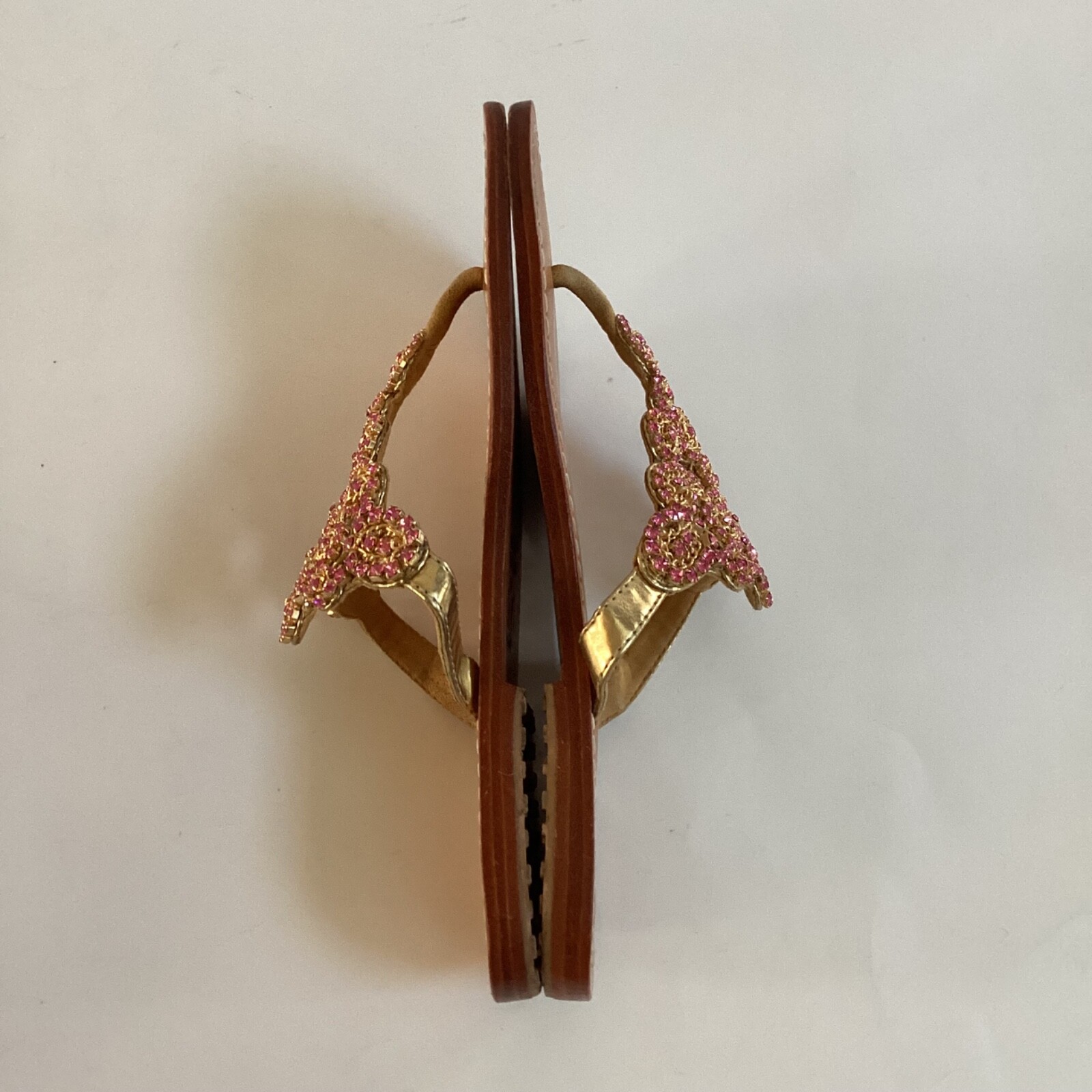 Mystique Pink Czech Crystals Gold Chain Leather Thong Sandal Sz 6 Babiecore Boho