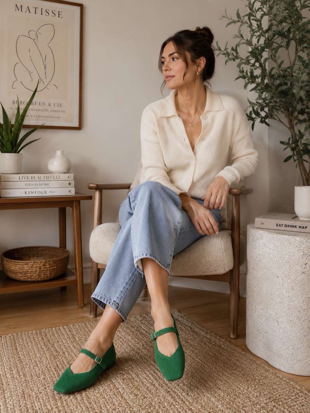 VIVAIA Green Square Toe Mary Jane Flats EU 38 Women’s Knit Sustainable Shoes