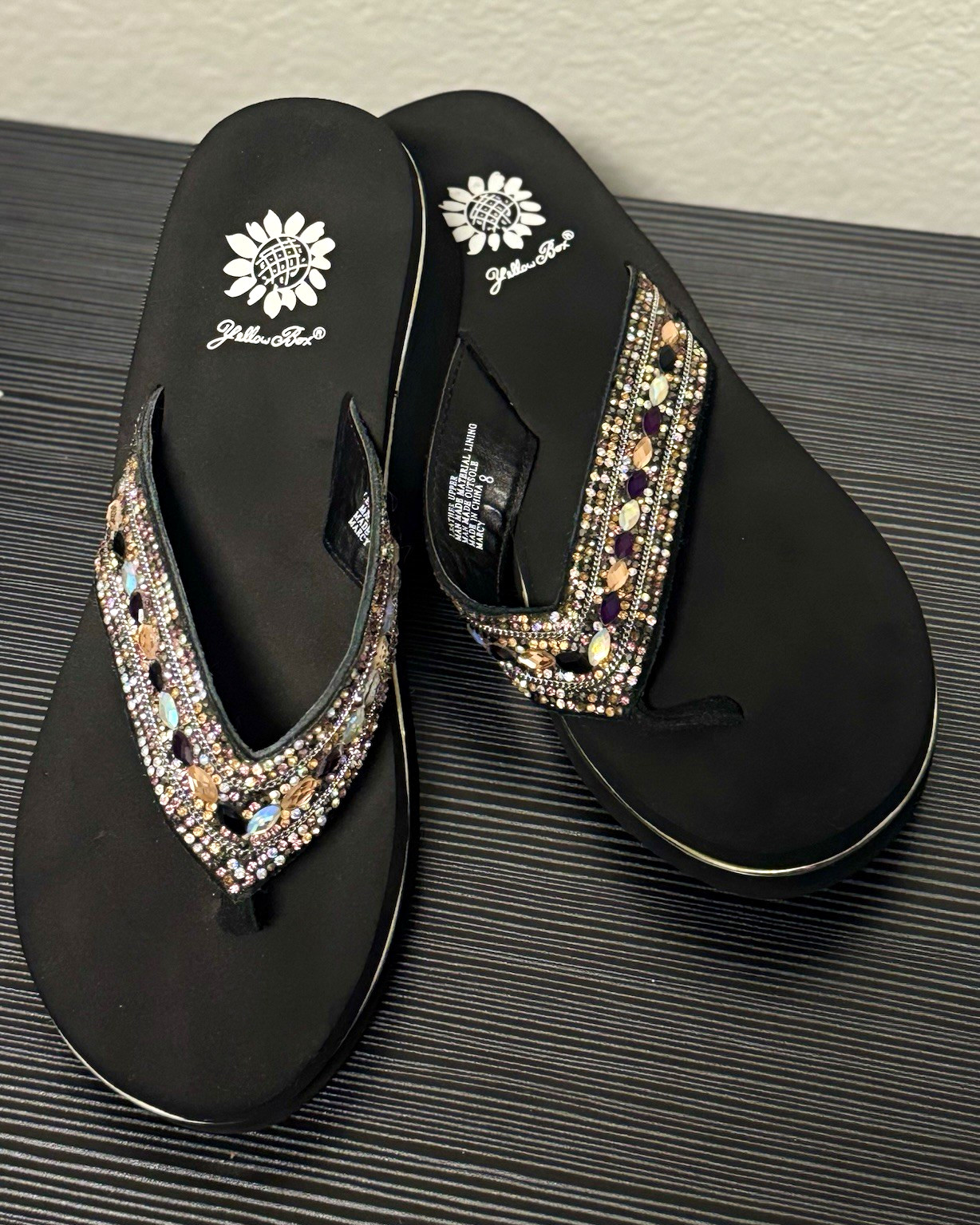 Yellow Box Black Suede Thong Wedge Sandals Beaded Rhinestone Slip-On 8