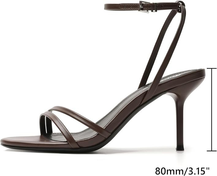 RIBONGZ Brown Heels for Women Kitten Stiletto Heels with Ankle Strap Round Open