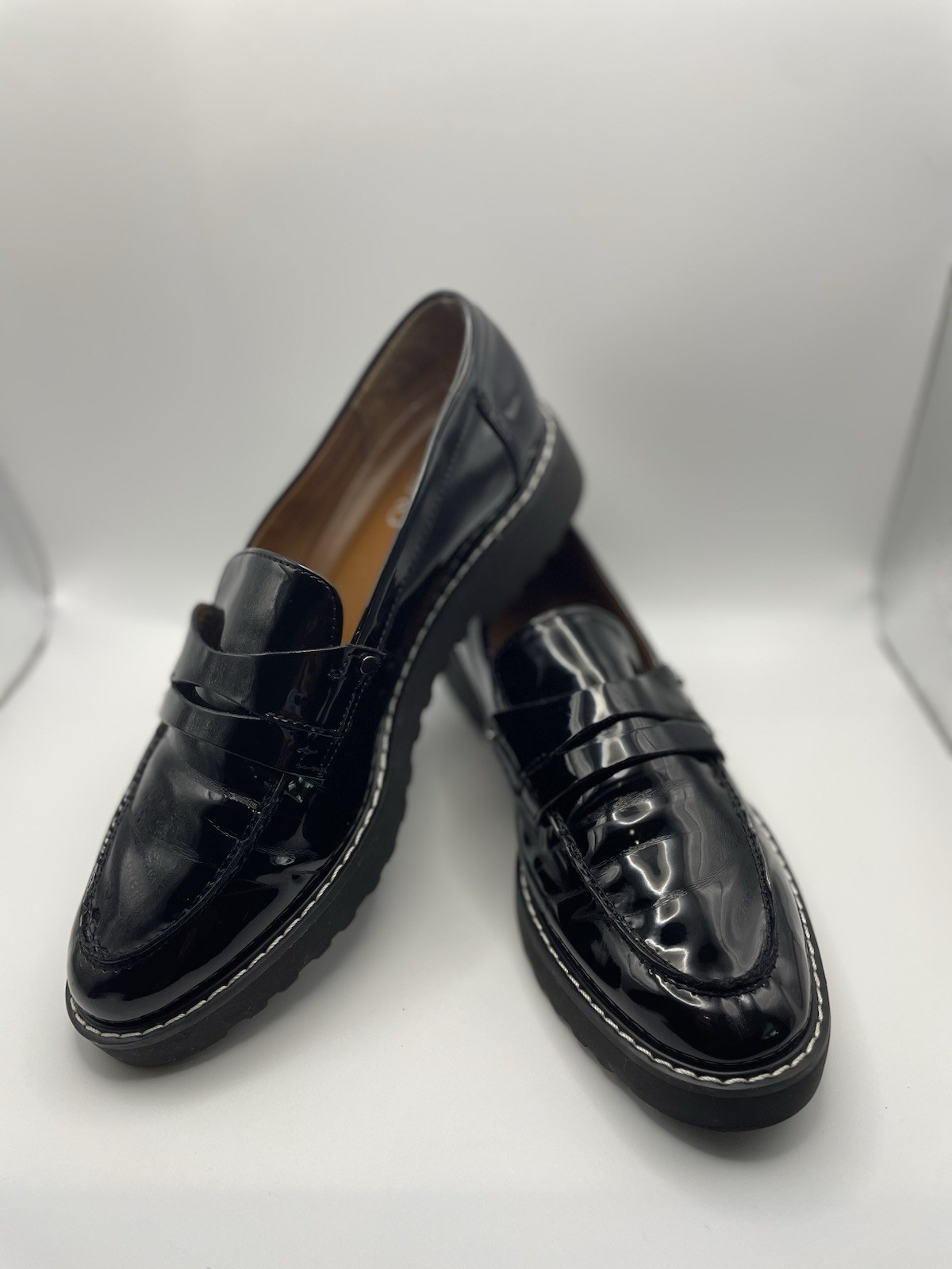 Franco Sarto Cassandra Penny Loafers Black Round Toe Block Heel Shoes 7.5M
