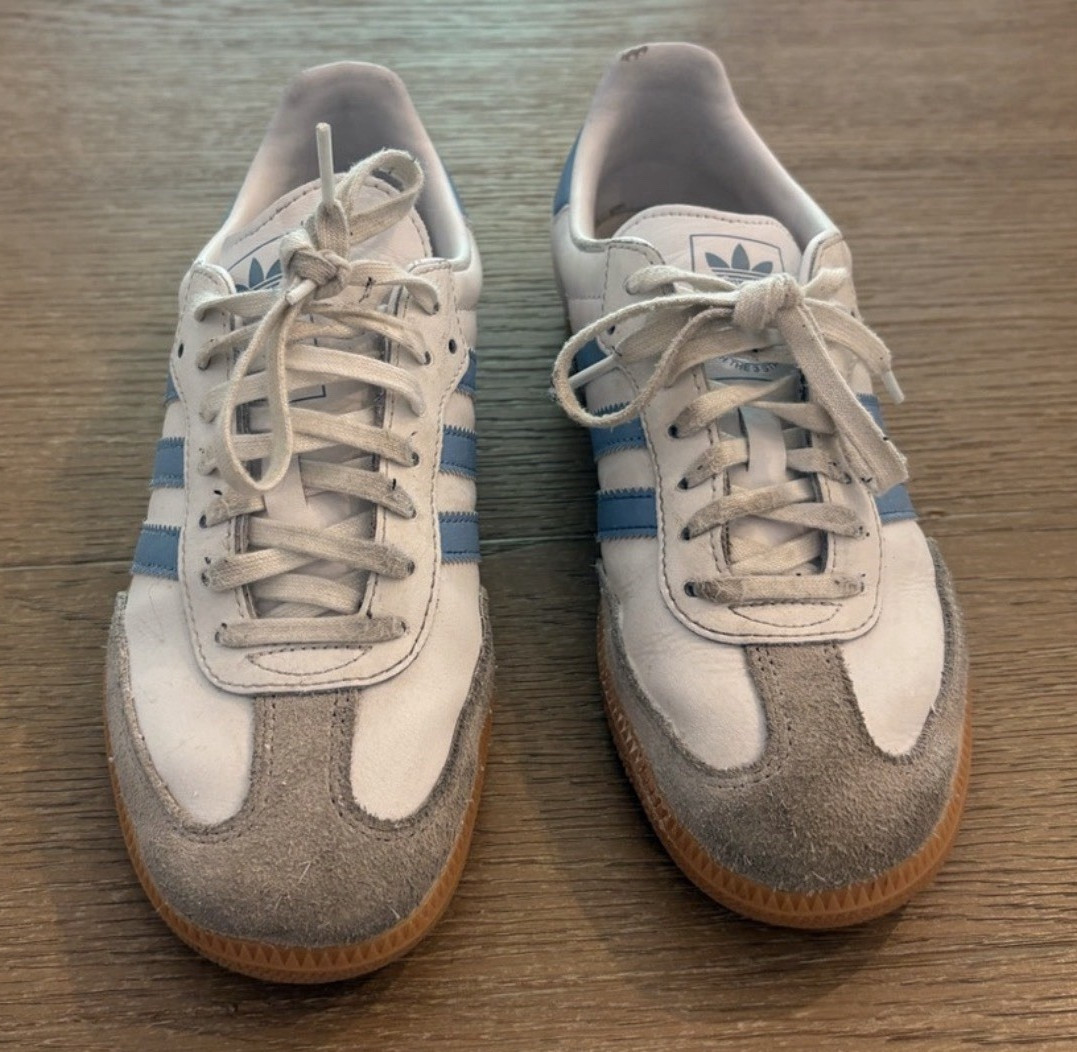 adidas Samba White/Blue Low Top Lace-Up Sneaker w/ Gum Rubber Sole