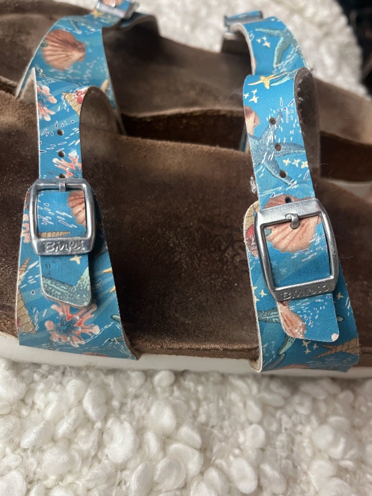 Birkenstock Blue Floral Starfish Two-Strap Buckle Slide Sandals US W 7-7.5