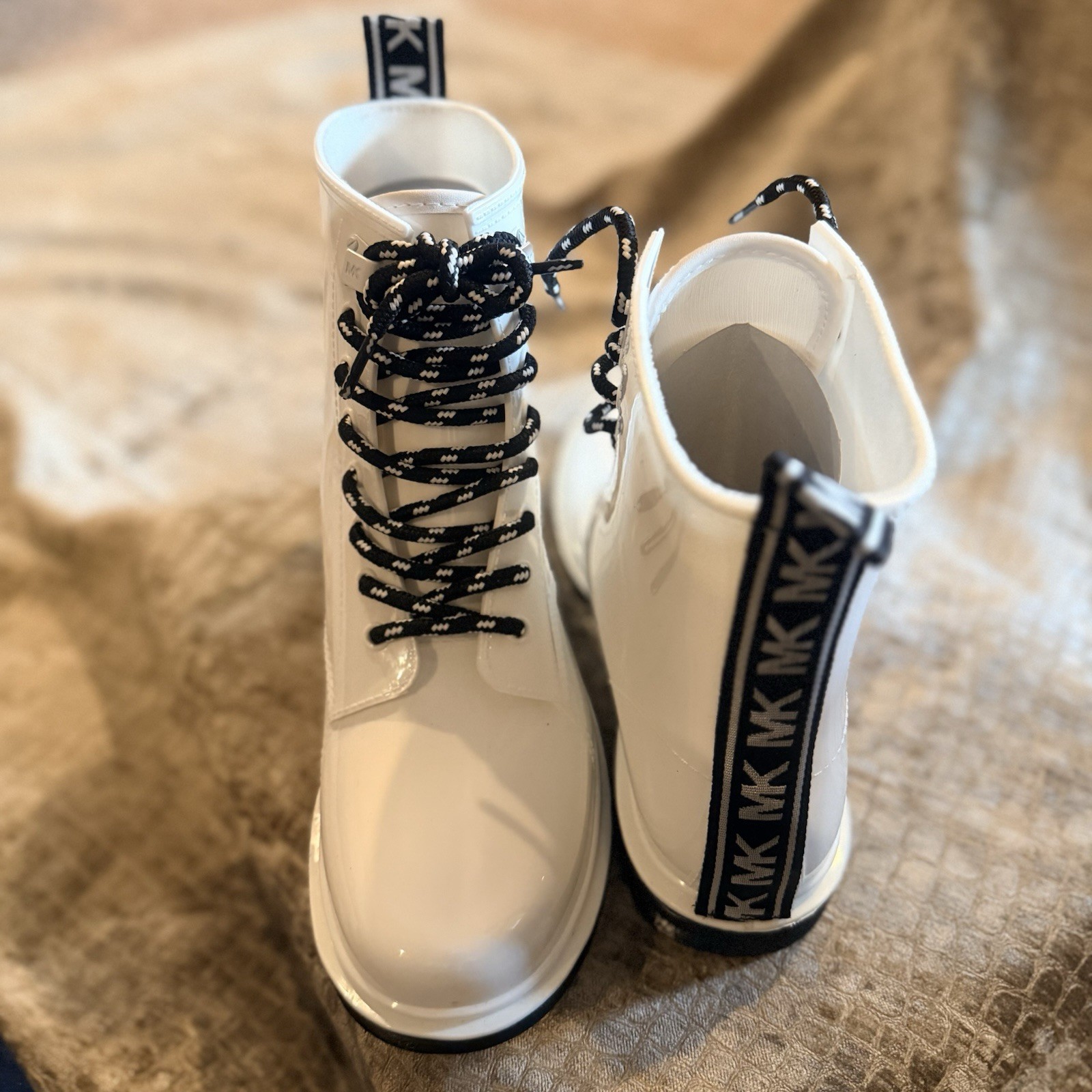 Michael Kors Women’s Waterproof Lace-Up Rain Boots White Logo Pull Tab