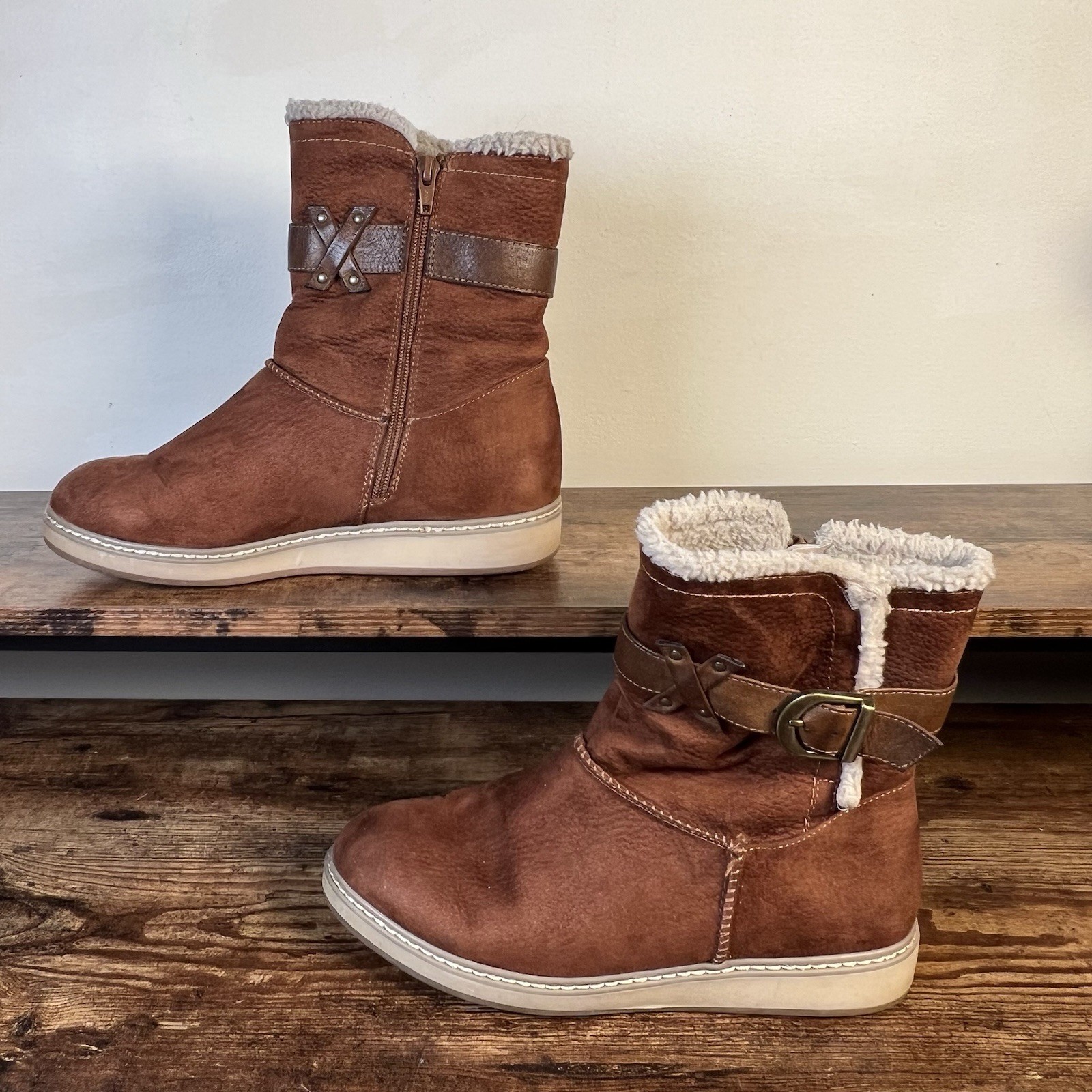 White Mountain Tabitha Brown Faux Leather Pull On with Buckle Shearling style 8