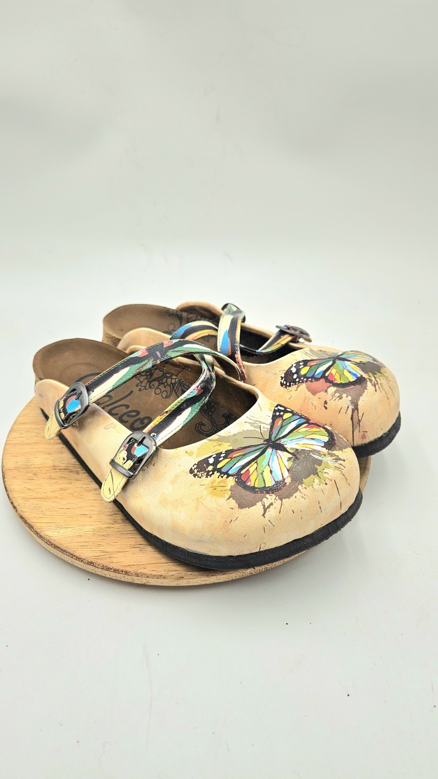 CALCEO Women’s Colorful BUTTERFLY Beige Cork Sole Slip-On Shoes SIze 7.5US