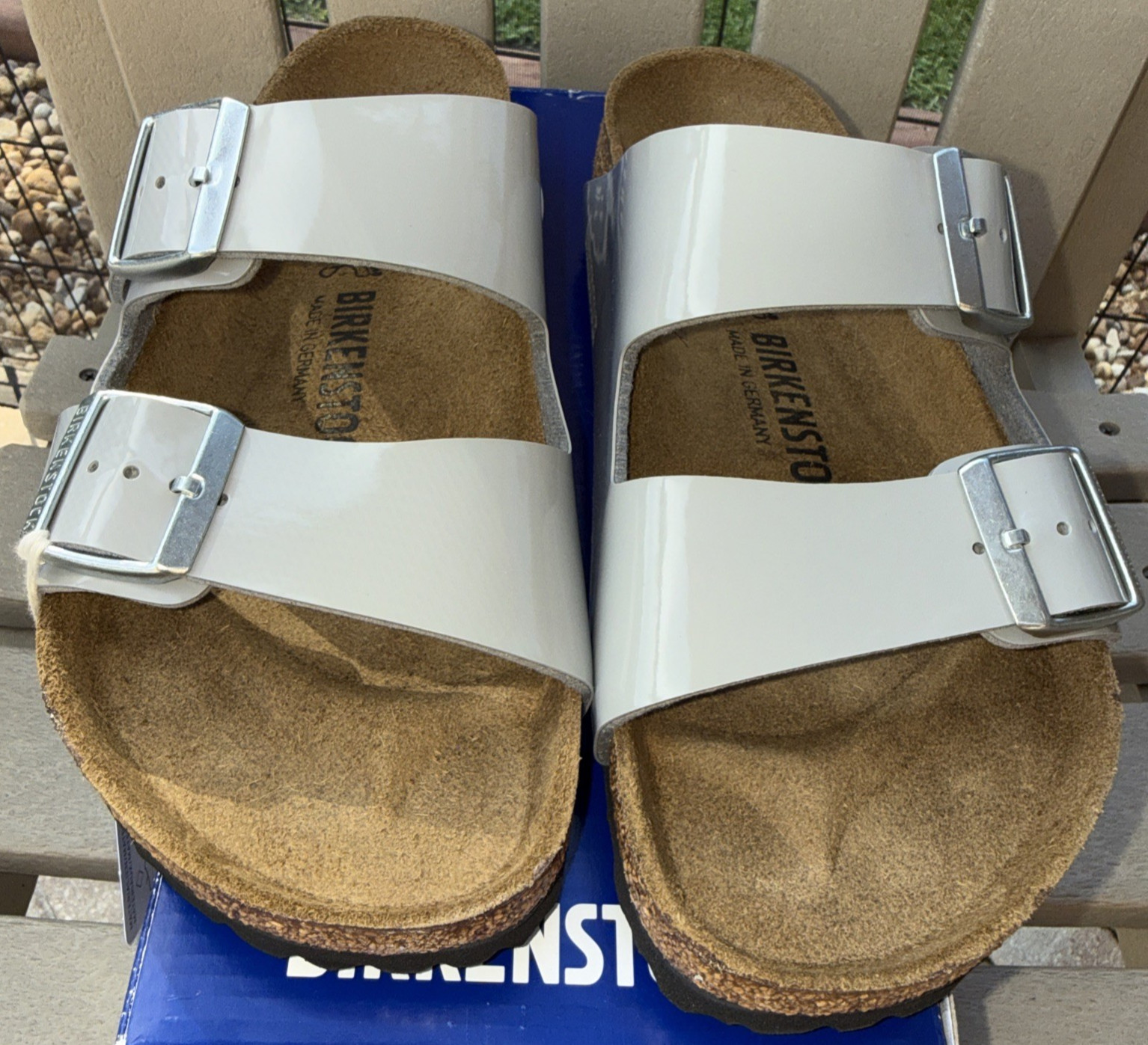 NWOB Birkenstock Arizona Patent Alloy Grey EU 38 Regular width US 7-8