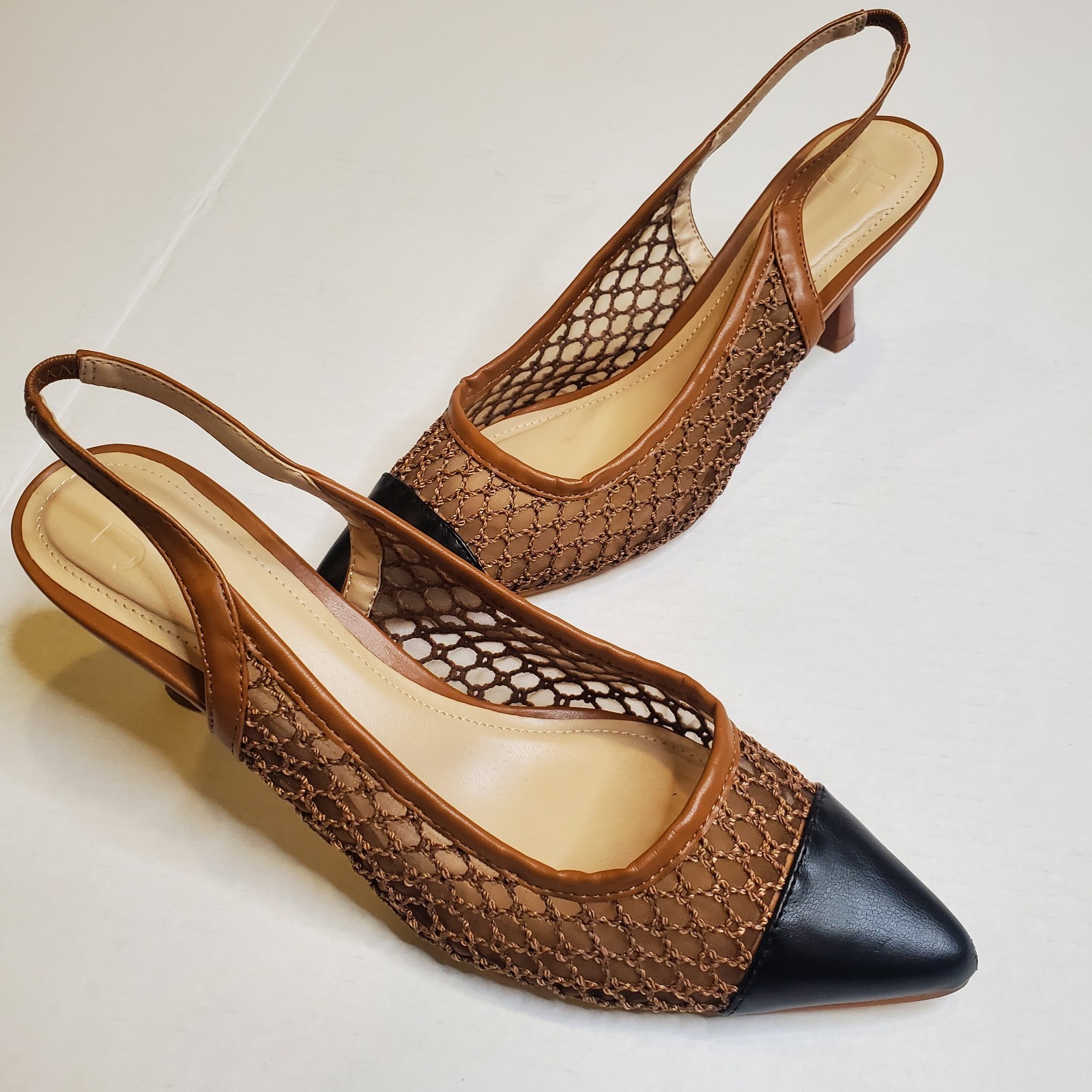 Just Fab Jordan Womens Woven Fishnet Sling Back Pump Heel Brown/Black Shoe Sz 9