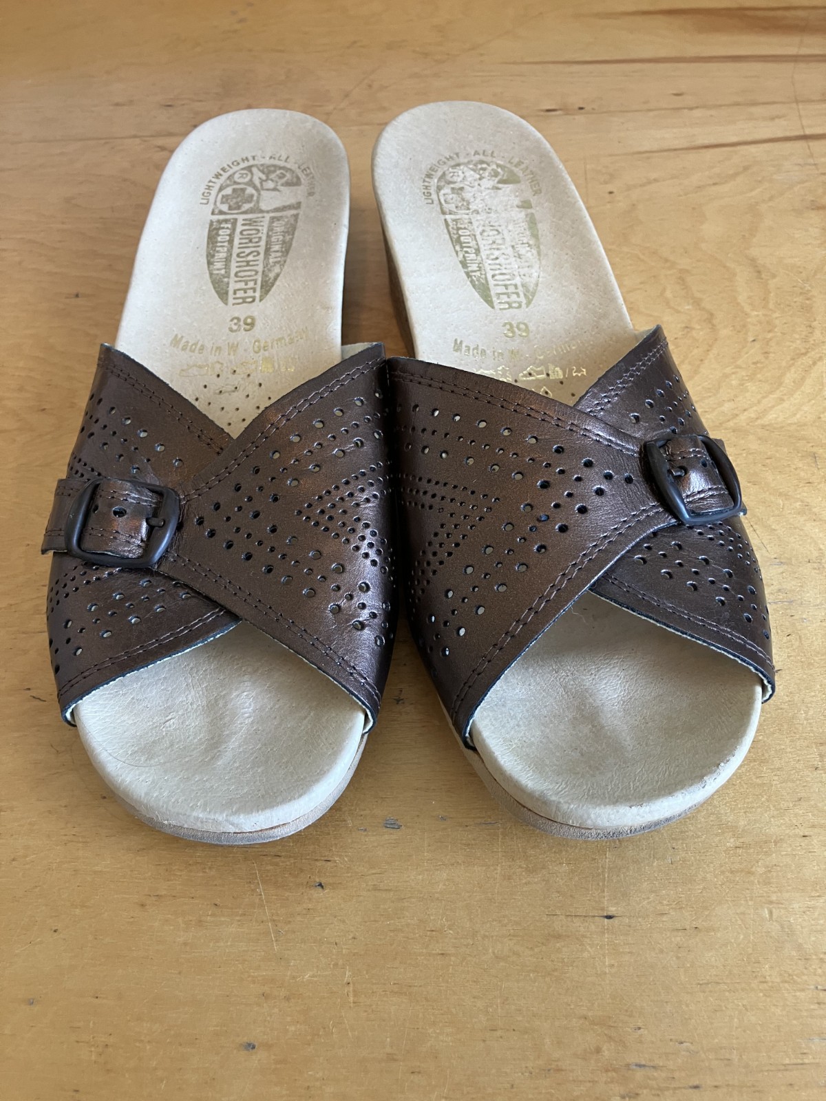 Worishofer Wedge Slide Sandals Women’s Size 39/8 Brown Leather Made in Germany