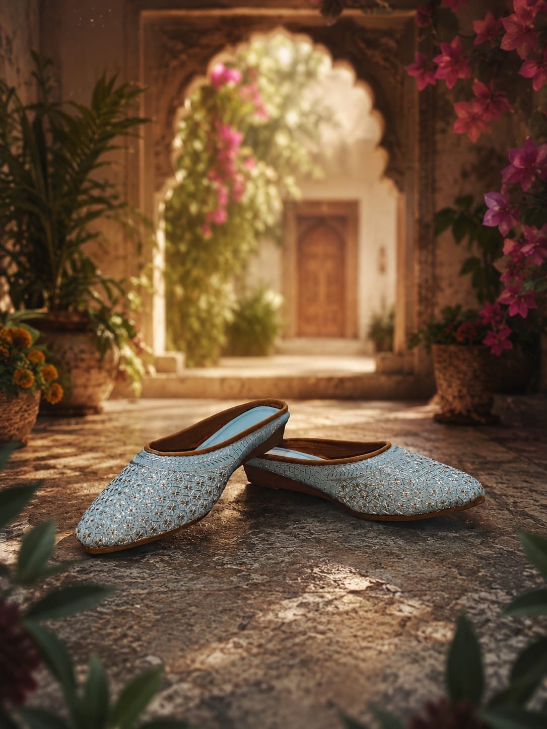 Women’s Sky Blue Embroidered Boho Mule Flats Slip On Ethnic Jutti Shoes