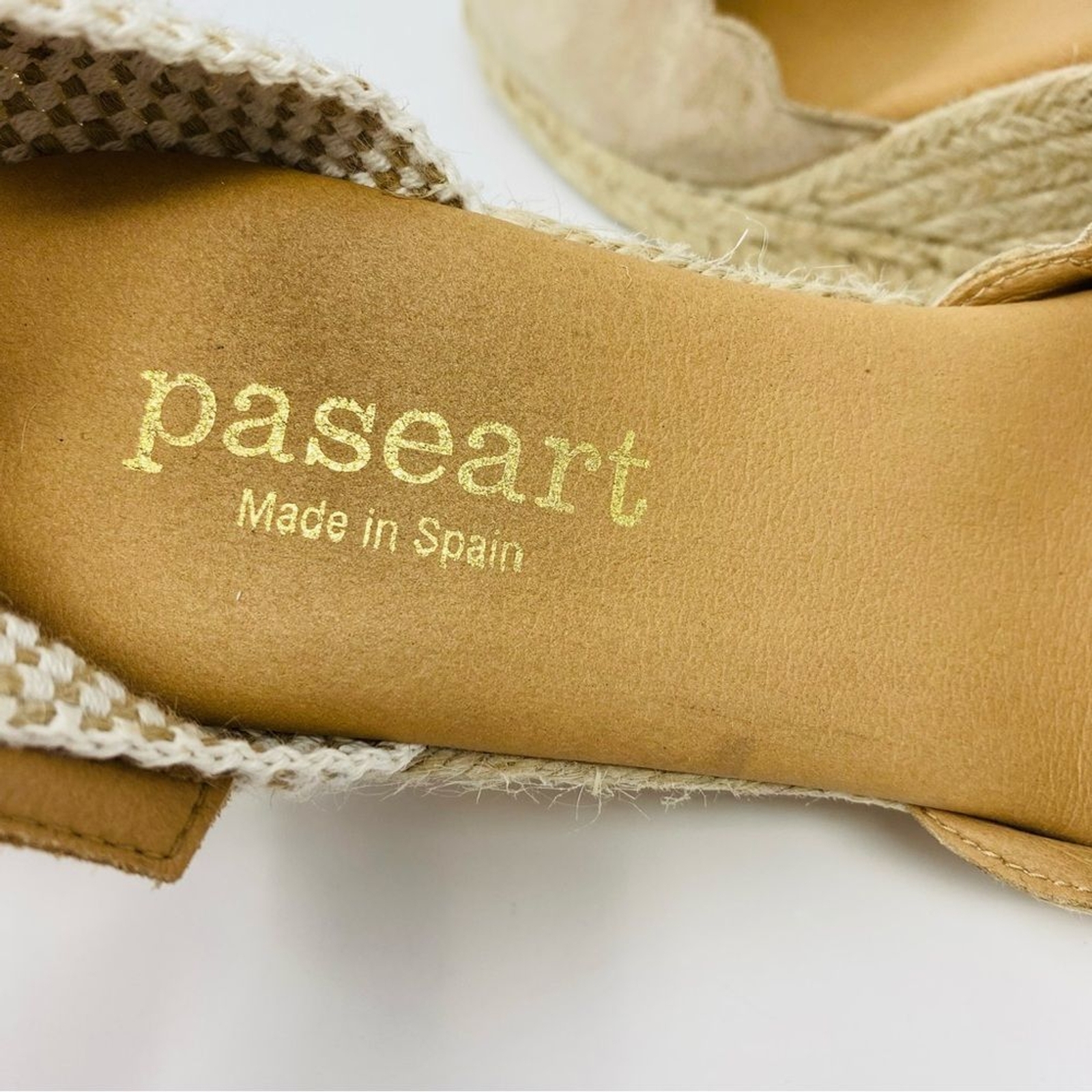 PASEART 41 / 9.5 Peep Toe Taupe Suede Espadrille Scallop Boho Wedge Sandal Spain
