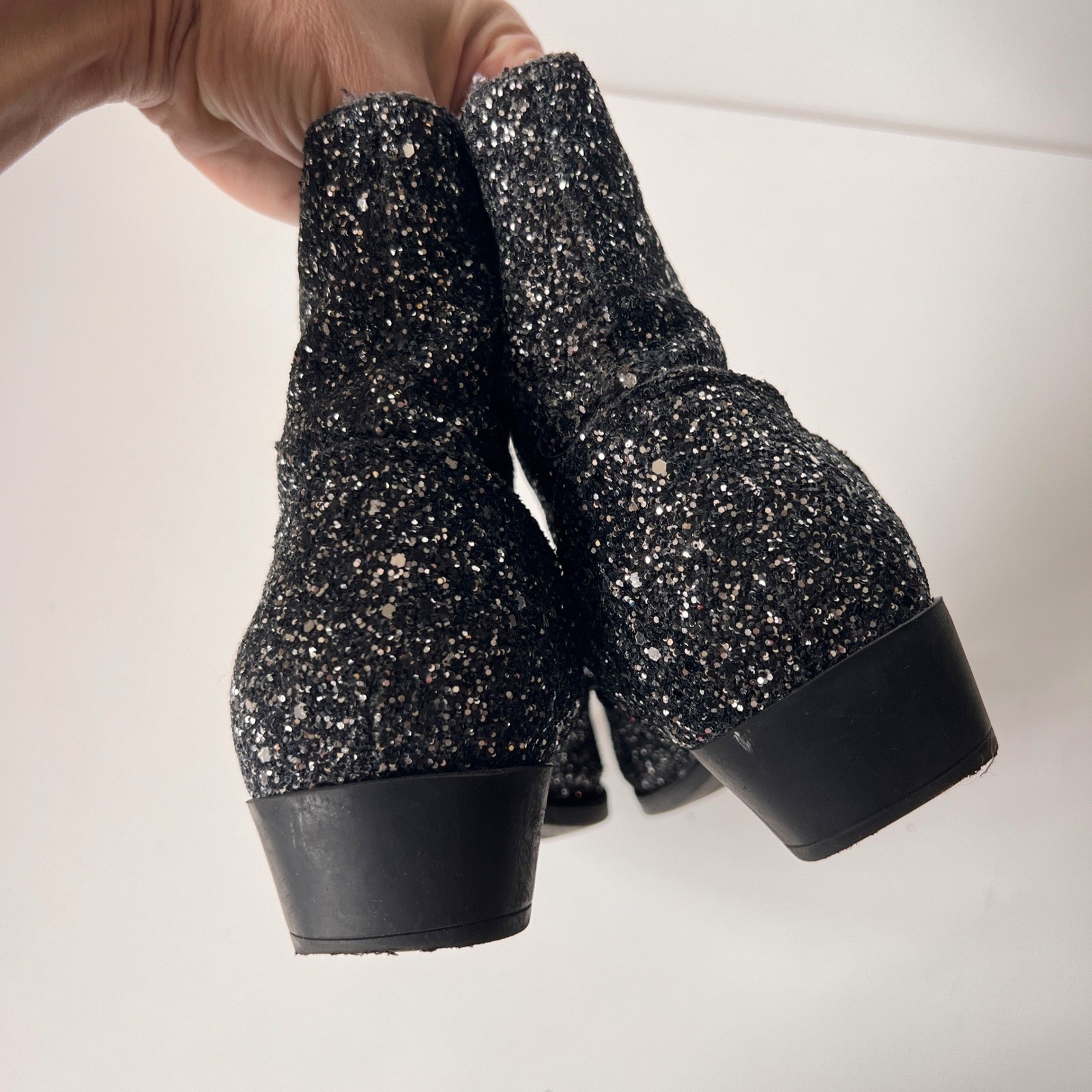 Glitter Chelsea Ankle Boots Sparkly Pointed Toe Rocker Glam Black Silver 9 Women