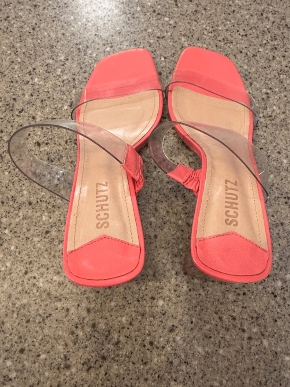 SCHUTZ Ariella Acrylic Mid Heel Mule Sandal Clear Vinyl Strap Pink
