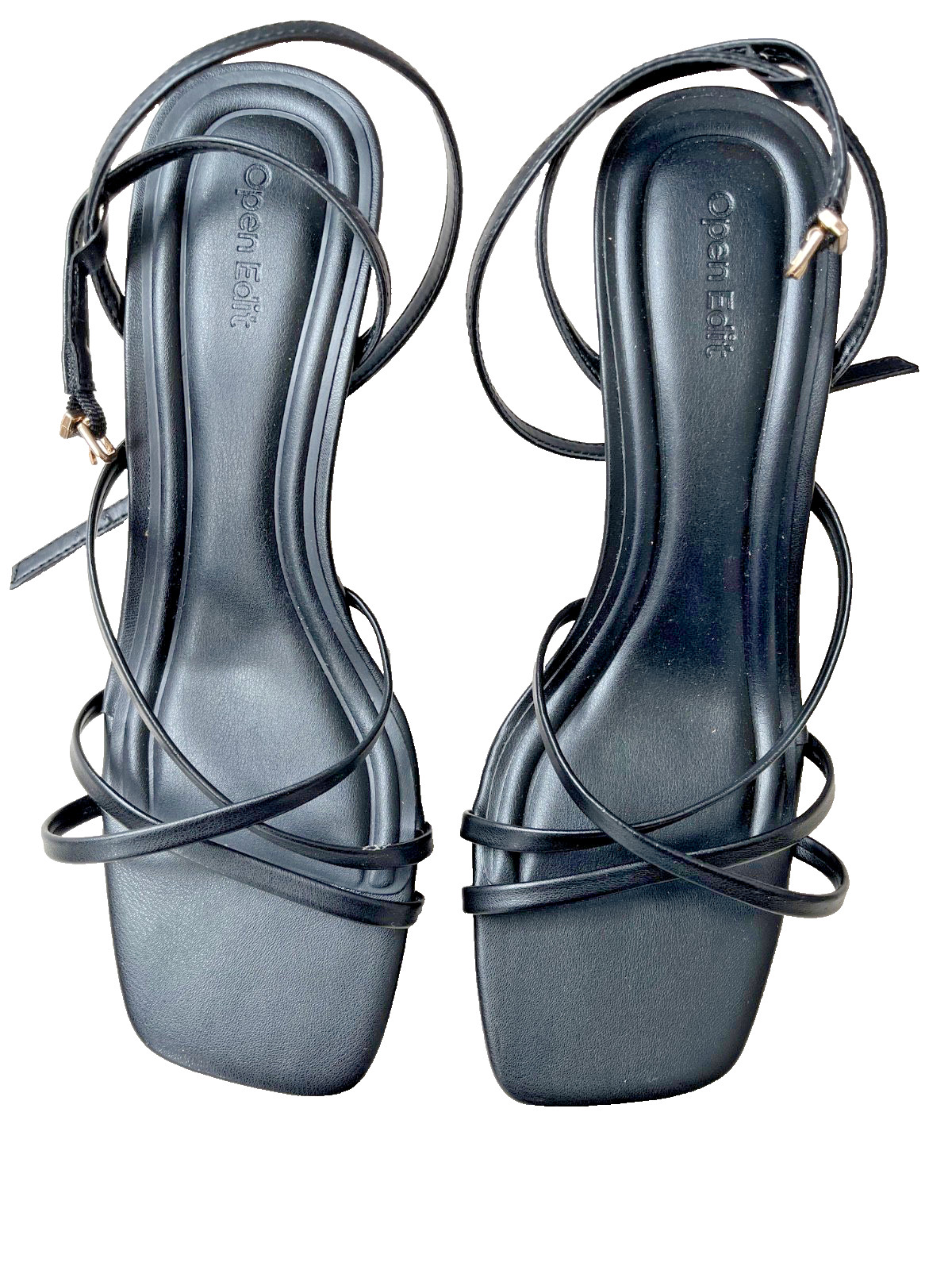Open Edit Black Strappy Heels Sandals Square Toe Ankle Strap Size 9.5 NWT