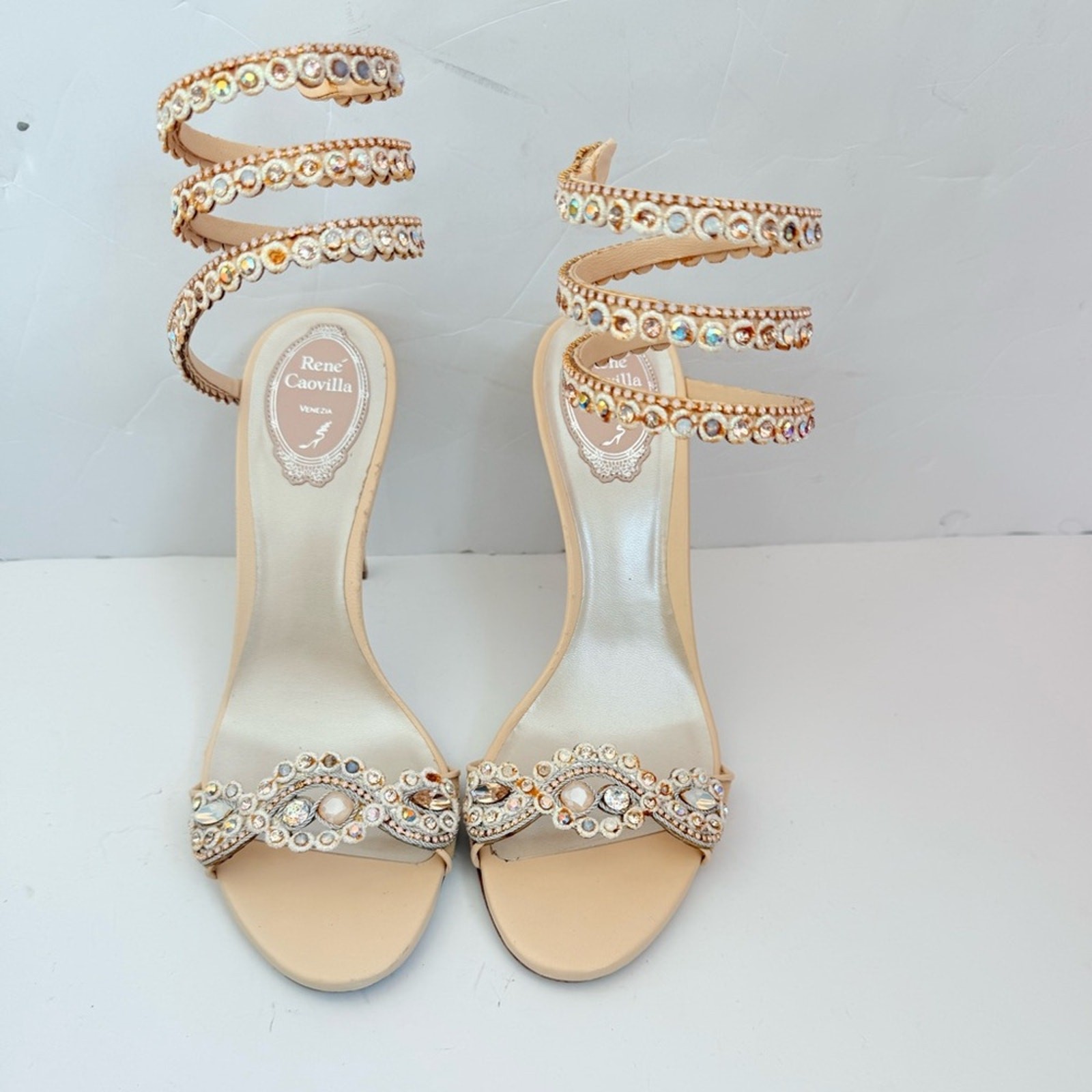 Rene Caovilla Beige Multicolor crystal embellished Wrap around ankle heels 39.5