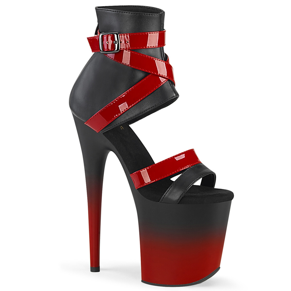 BLACK & RED 8″ HEEL PF SANDAL-CRISSCROSS STRAPS-ZIPS Woman Sz 5 6 7 8 9 10 11 12